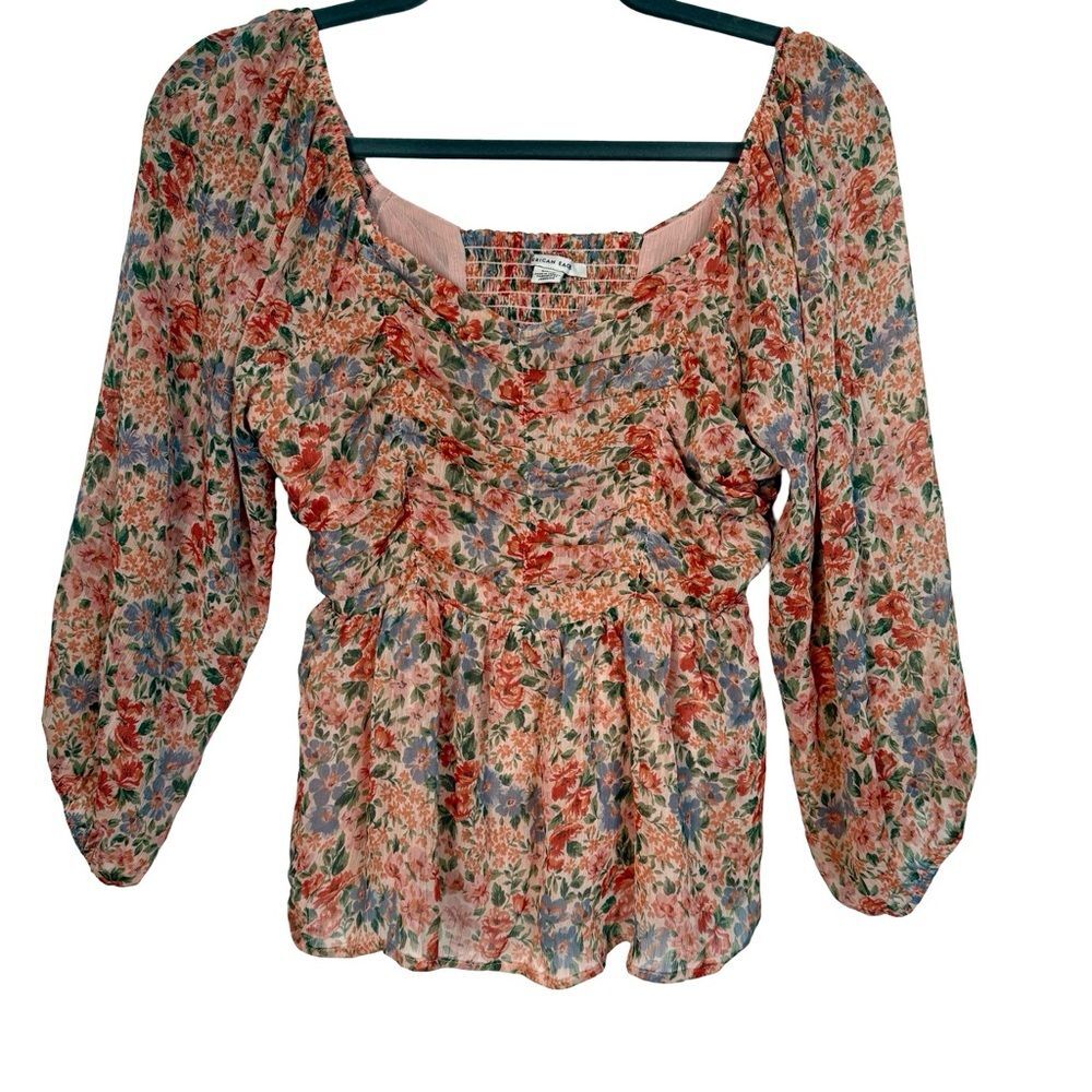 American Eagle Floral Ruched Chiffon Babydoll Boho Cottagecore Romantic Size S